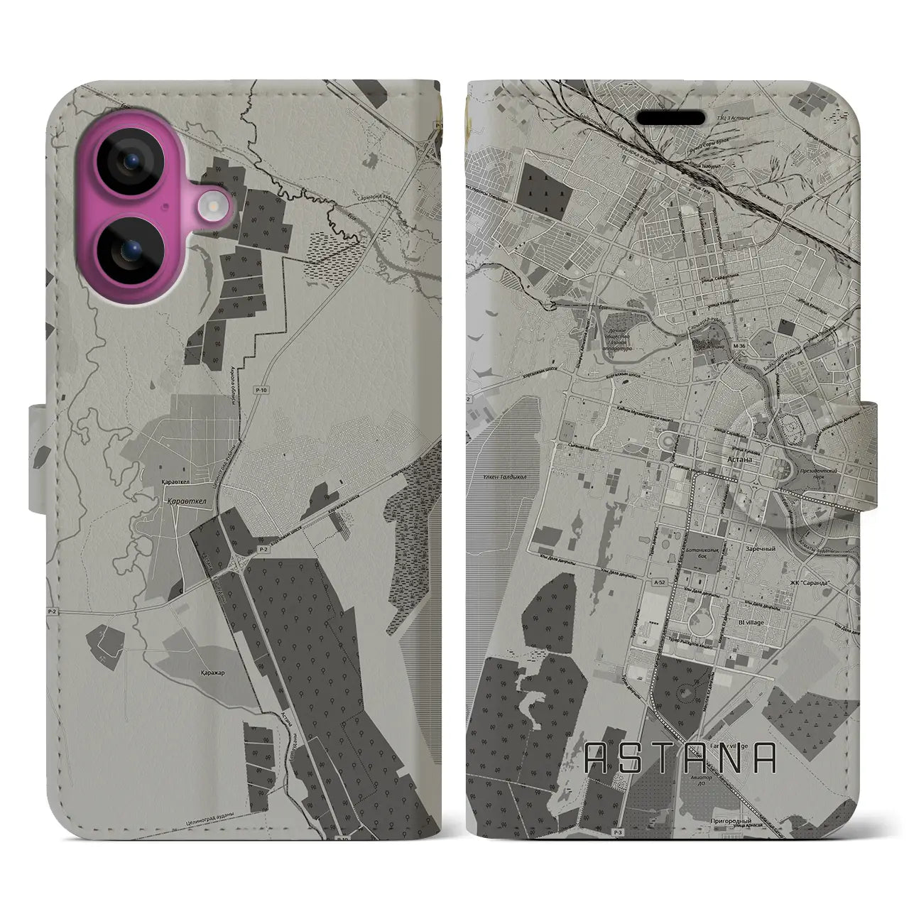 【アスタナ(カザフスタン)】地図柄iPhoneケース(手帳タイプ)モノトーン・iPhone 16 Pro 用