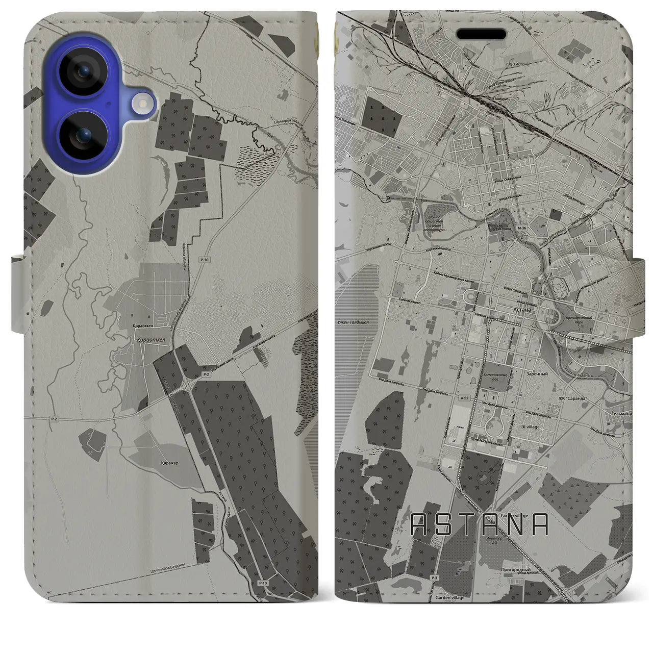 【アスタナ(カザフスタン)】地図柄iPhoneケース(手帳タイプ)モノトーン・iPhone 16 Pro Max 用
