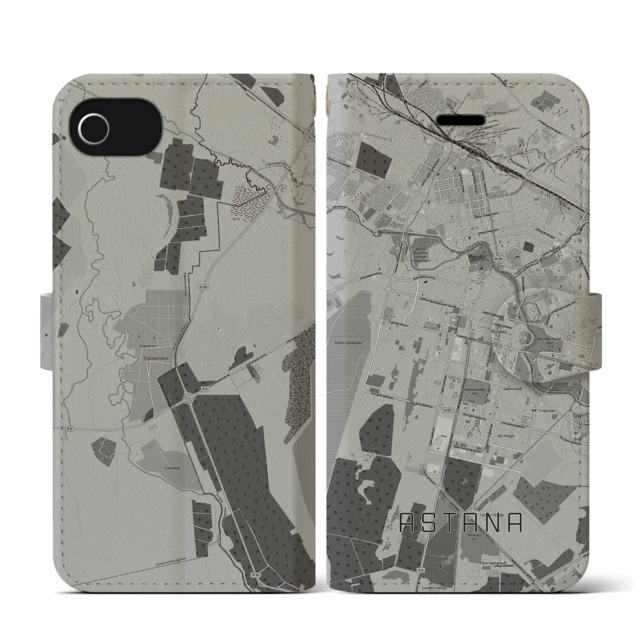【アスタナ(カザフスタン)】地図柄iPhoneケース(手帳タイプ)モノトーン・iPhone SE(第3 / 第2世代) / 8 / 7 / 6s / 6 用