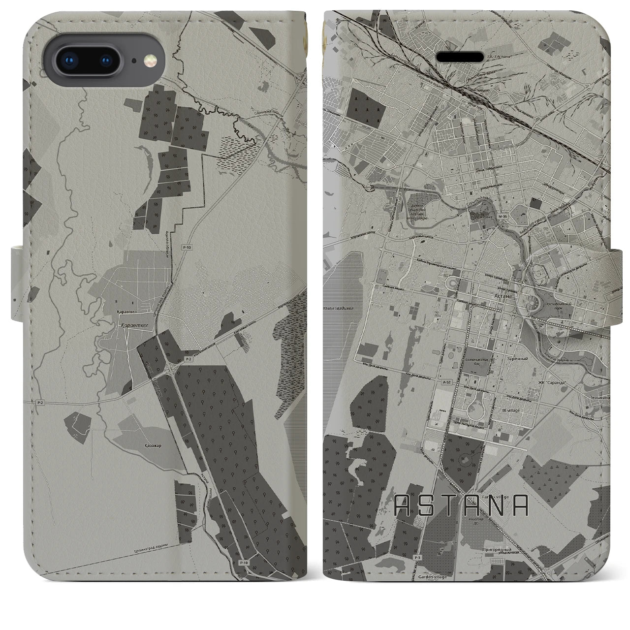 【アスタナ(カザフスタン)】地図柄iPhoneケース(手帳タイプ)モノトーン・iPhone 8Plus /7Plus / 6sPlus / 6Plus 用