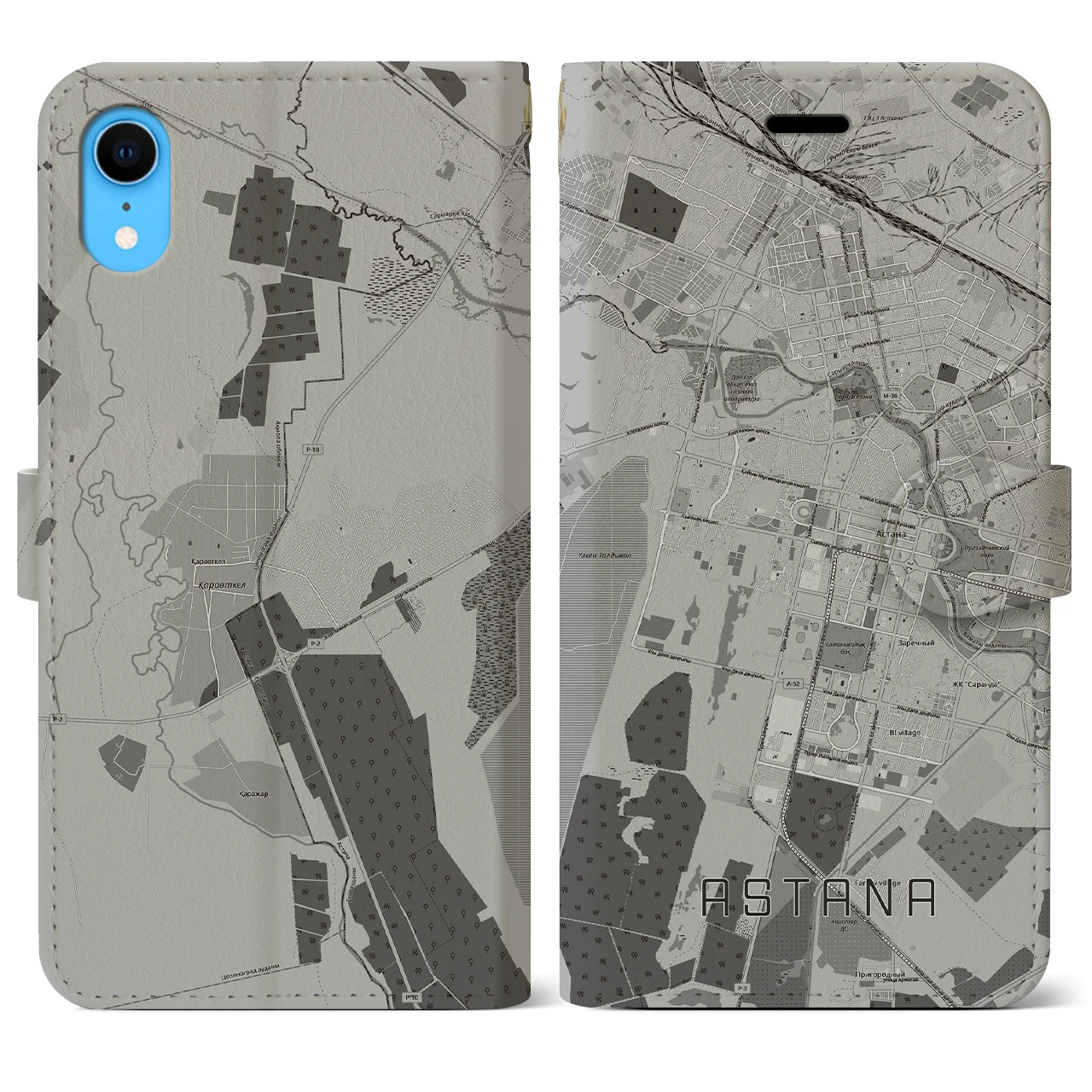 【アスタナ(カザフスタン)】地図柄iPhoneケース(手帳タイプ)モノトーン・iPhone XR 用