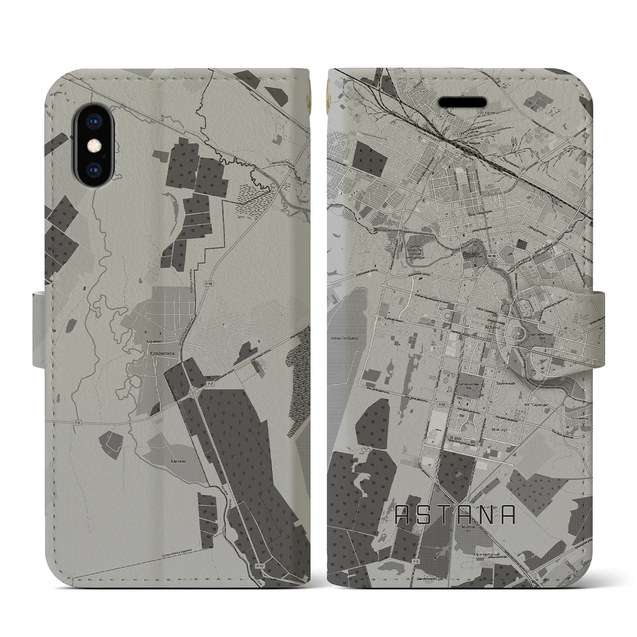 【アスタナ(カザフスタン)】地図柄iPhoneケース(手帳タイプ)モノトーン・iPhone XS / X 用