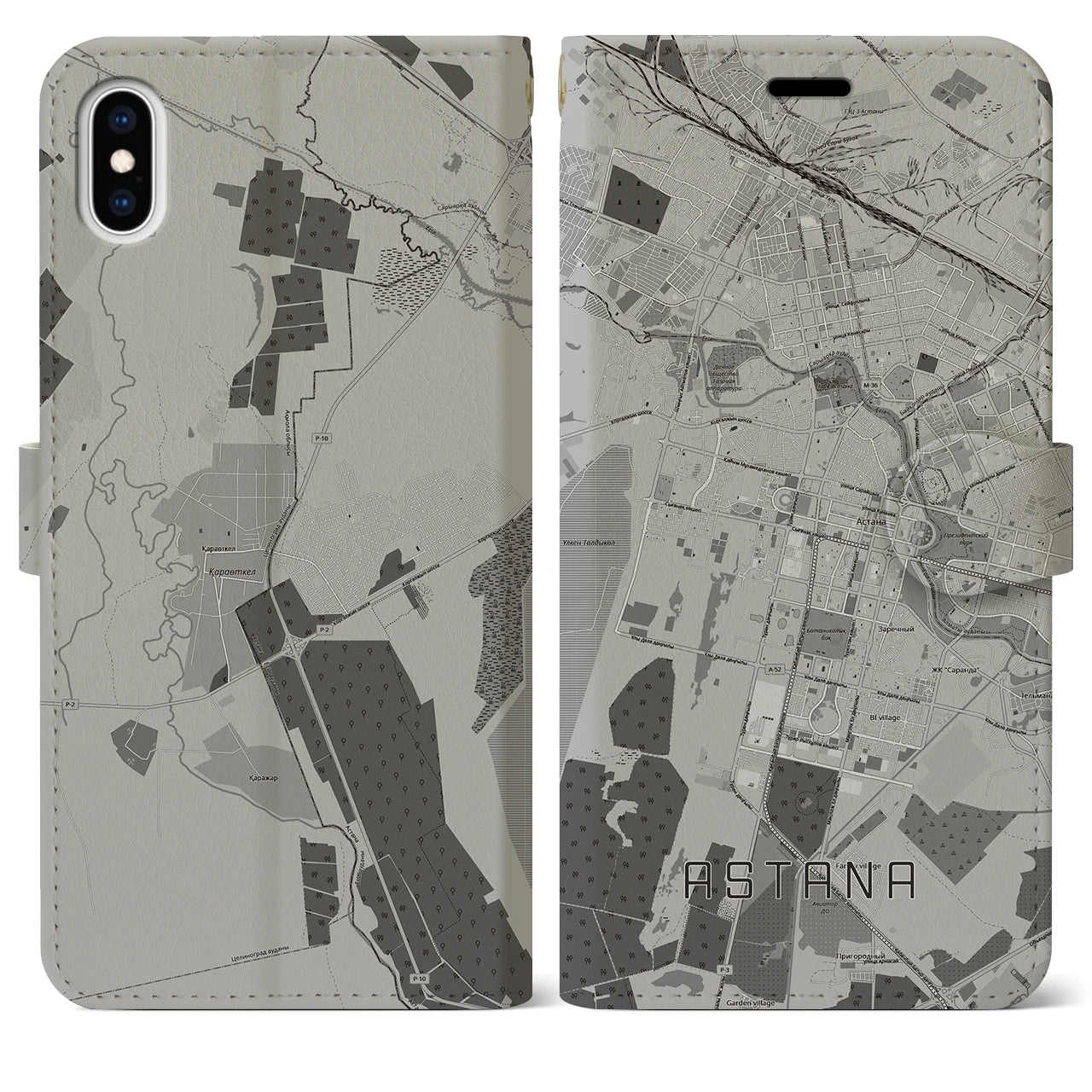 【アスタナ(カザフスタン)】地図柄iPhoneケース(手帳タイプ)モノトーン・iPhone XS Max 用