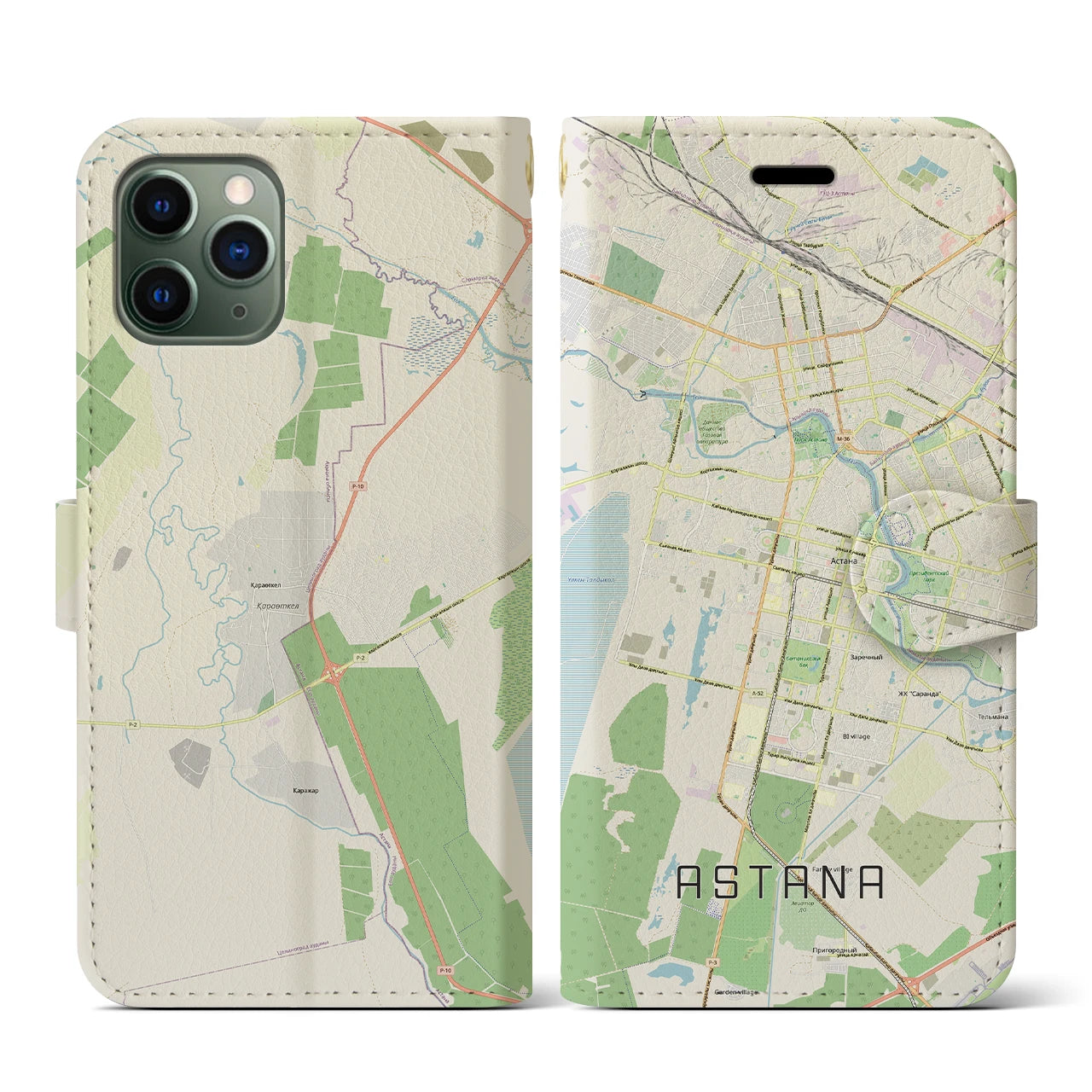 【アスタナ(カザフスタン)】地図柄iPhoneケース(手帳タイプ)ナチュラル・iPhone 11 Pro 用