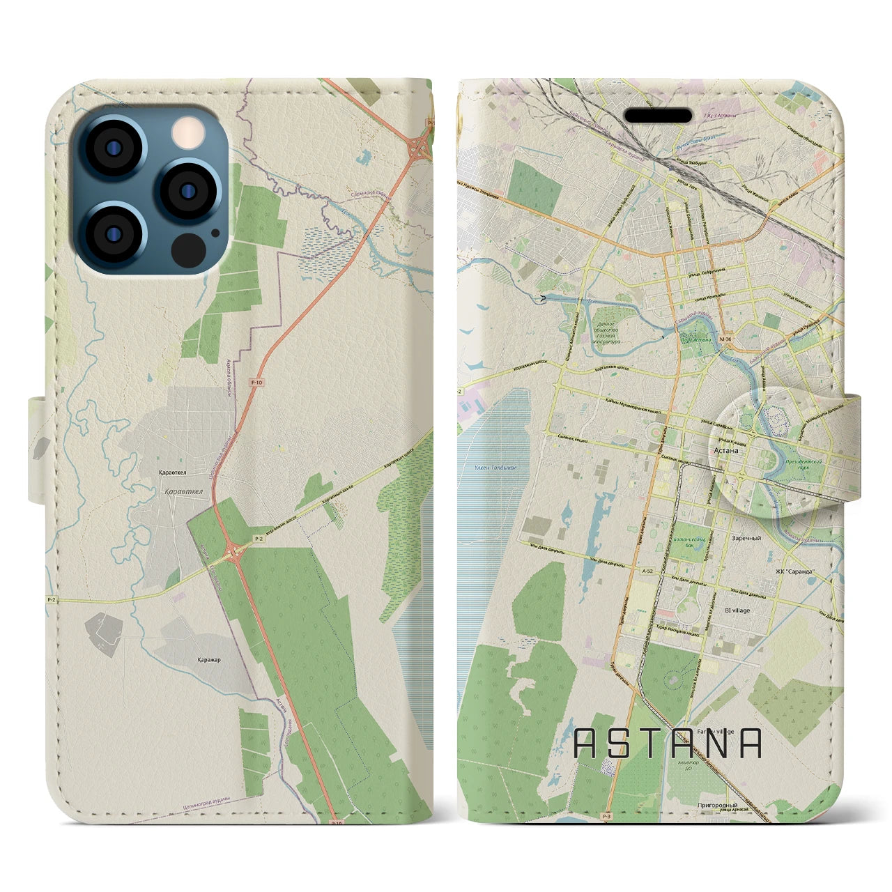 【アスタナ(カザフスタン)】地図柄iPhoneケース(手帳タイプ)ナチュラル・iPhone 12 / 12 Pro 用