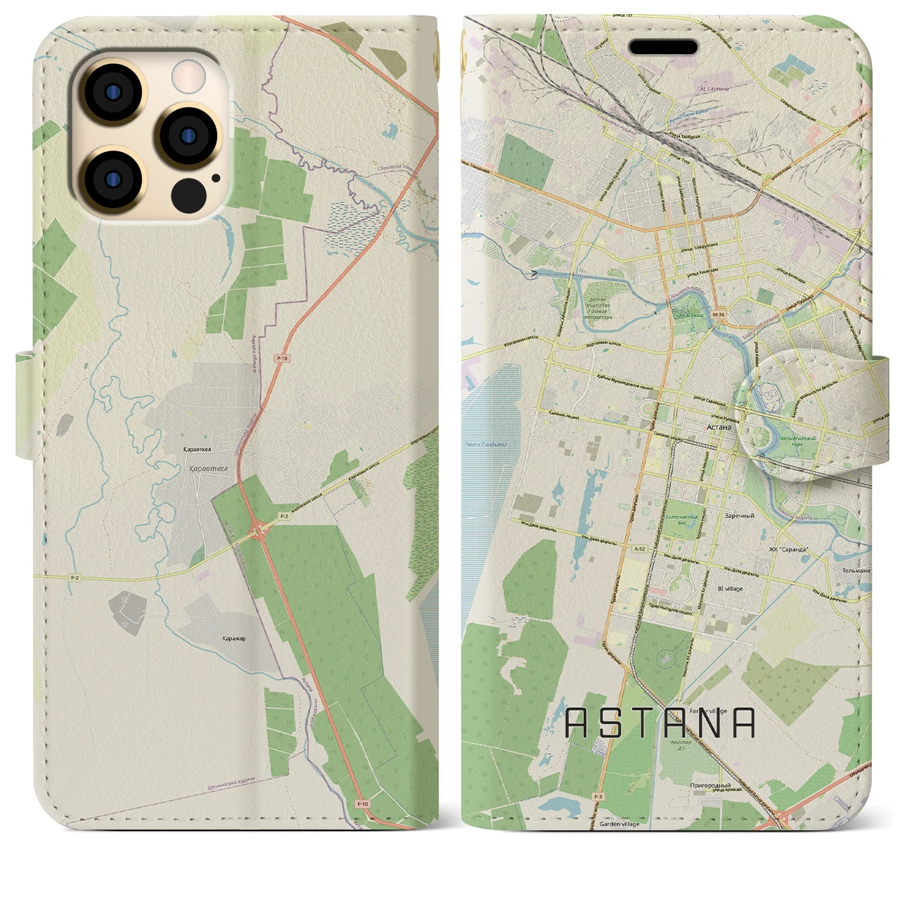 【アスタナ(カザフスタン)】地図柄iPhoneケース(手帳タイプ)ナチュラル・iPhone 12 Pro Max 用