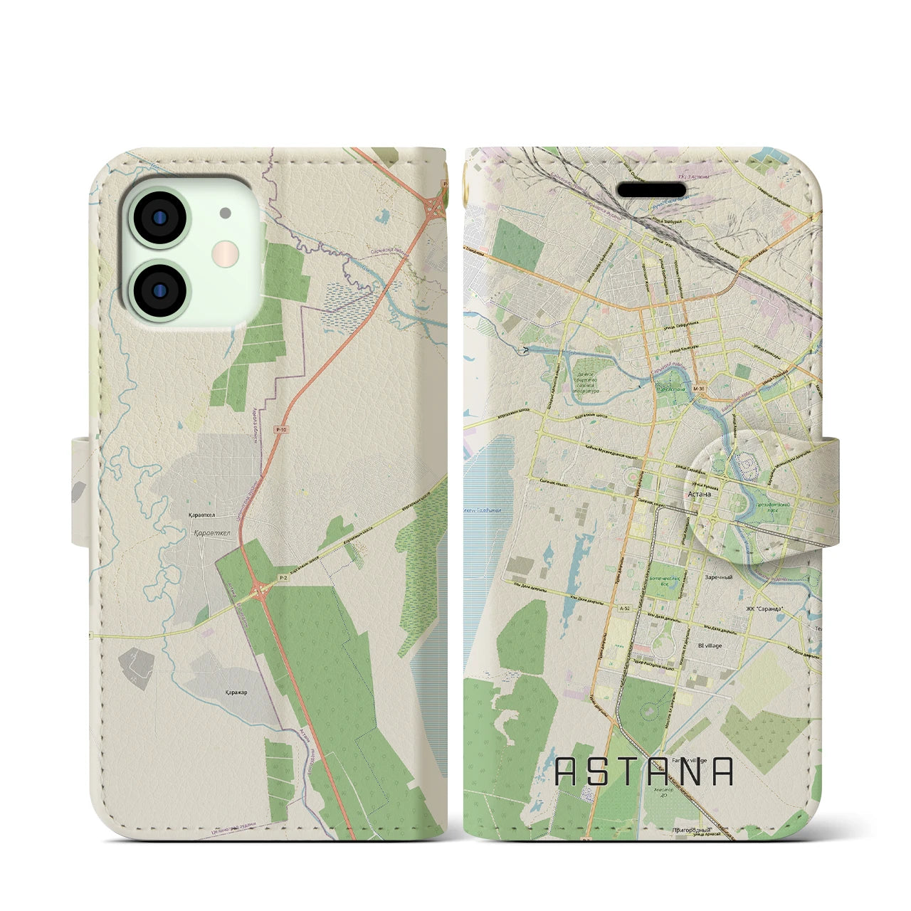 【アスタナ(カザフスタン)】地図柄iPhoneケース(手帳タイプ)ナチュラル・iPhone 12 mini 用