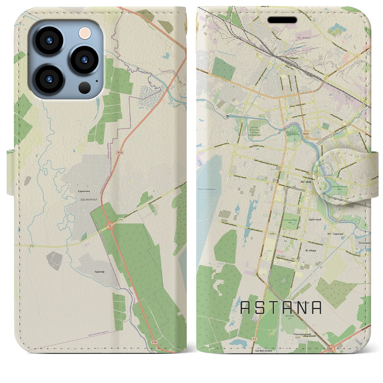 【アスタナ(カザフスタン)】地図柄iPhoneケース(手帳タイプ)ナチュラル・iPhone 13 Pro Max 用