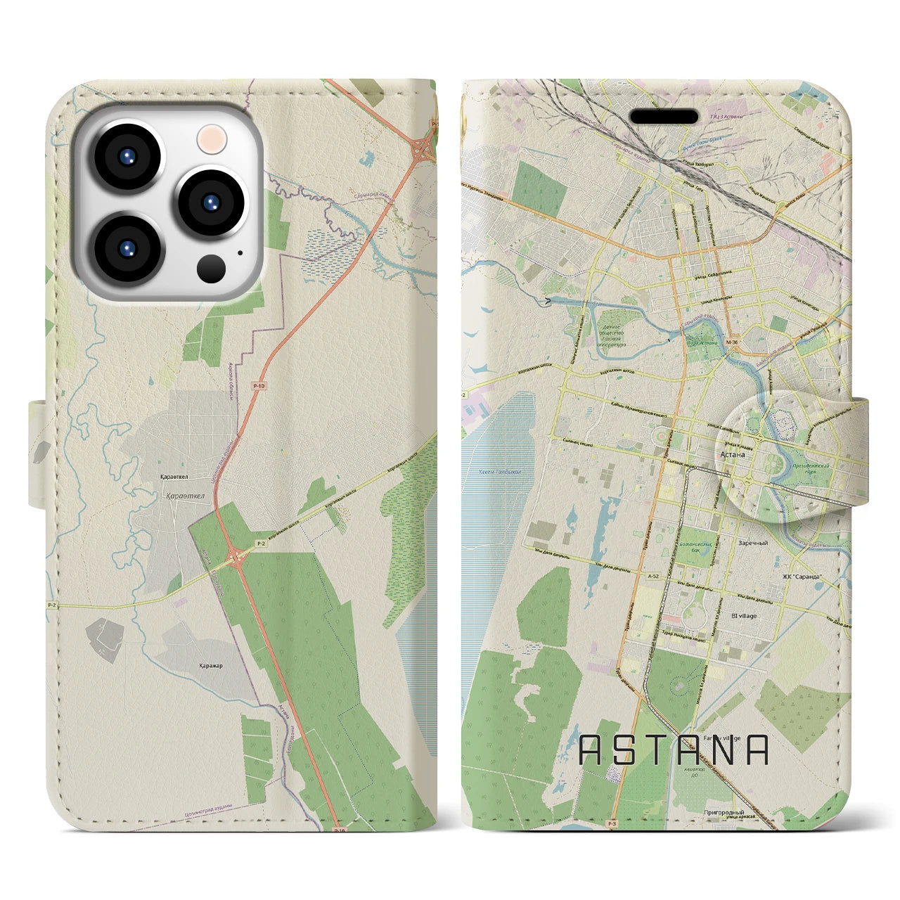 【アスタナ(カザフスタン)】地図柄iPhoneケース(手帳タイプ)ナチュラル・iPhone 13 Pro 用