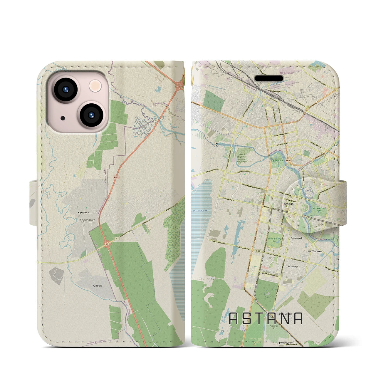 【アスタナ(カザフスタン)】地図柄iPhoneケース(手帳タイプ)ナチュラル・iPhone 13 mini 用