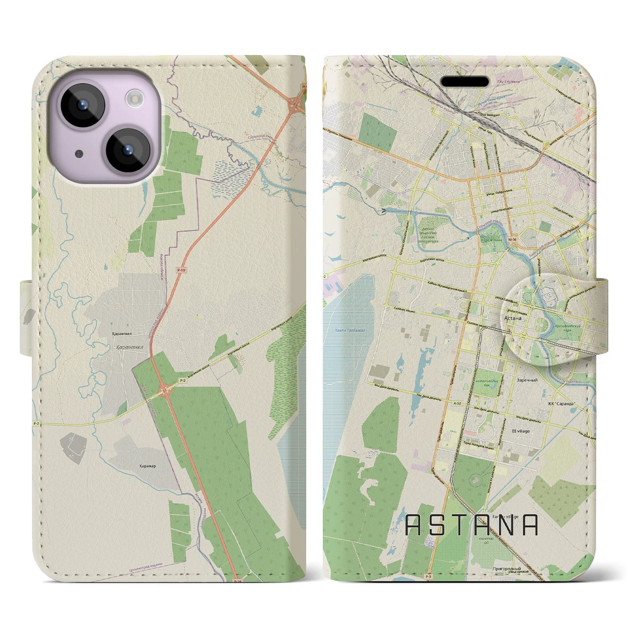 【アスタナ(カザフスタン)】地図柄iPhoneケース(手帳タイプ)ナチュラル・iPhone 14 用