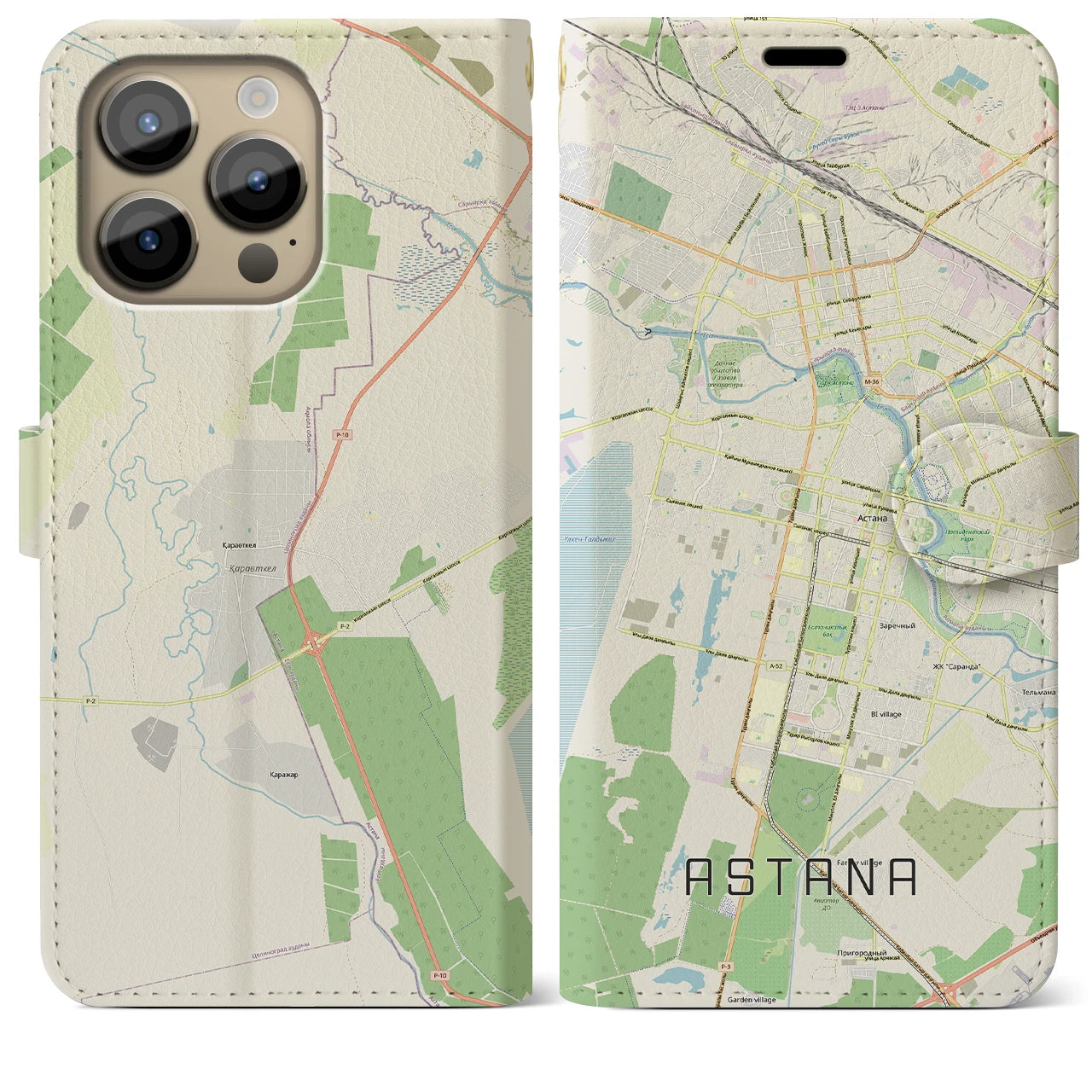 【アスタナ(カザフスタン)】地図柄iPhoneケース(手帳タイプ)ナチュラル・iPhone 14 Pro Max 用