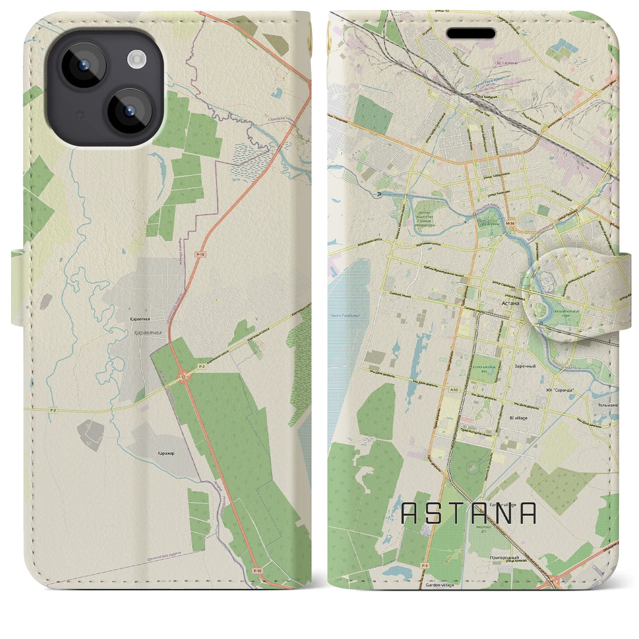 【アスタナ(カザフスタン)】地図柄iPhoneケース(手帳タイプ)ナチュラル・iPhone 14 Plus 用