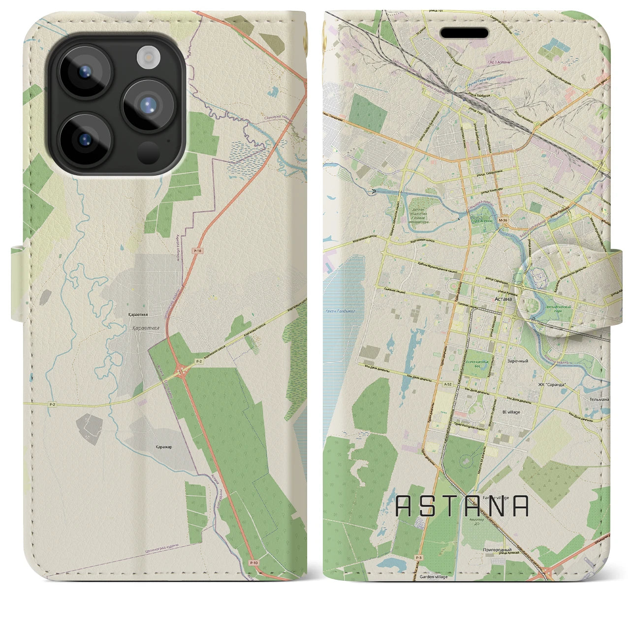 【アスタナ(カザフスタン)】地図柄iPhoneケース(手帳タイプ)ナチュラル・iPhone 15 Pro Max 用