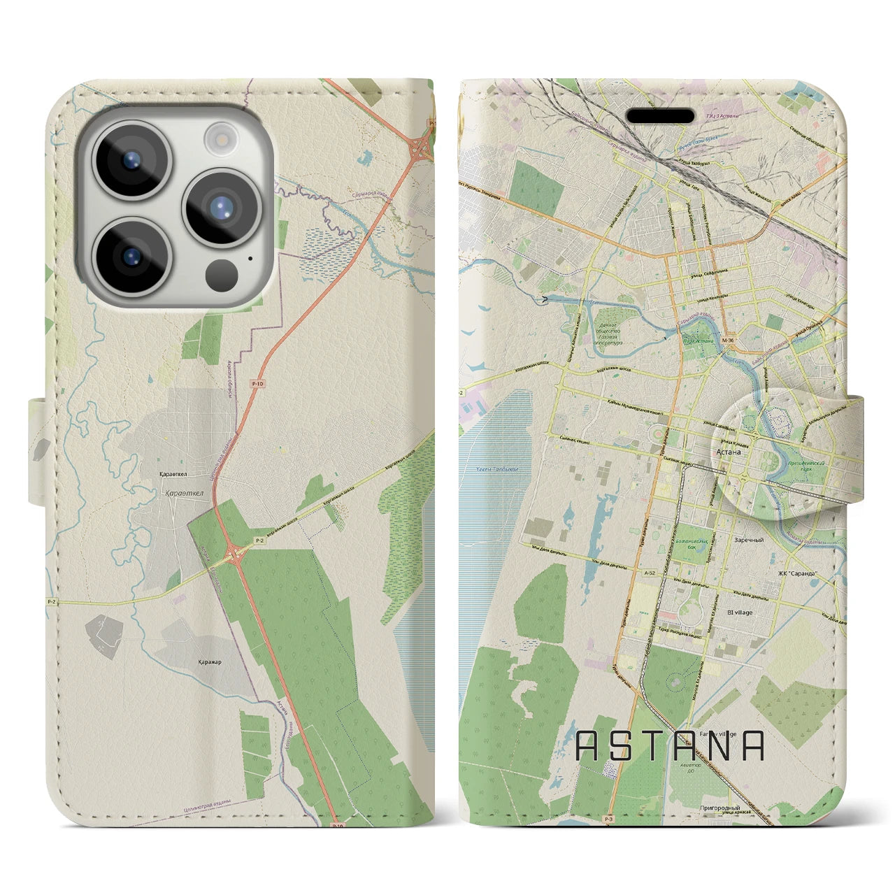 【アスタナ(カザフスタン)】地図柄iPhoneケース(手帳タイプ)ナチュラル・iPhone 15 Pro 用