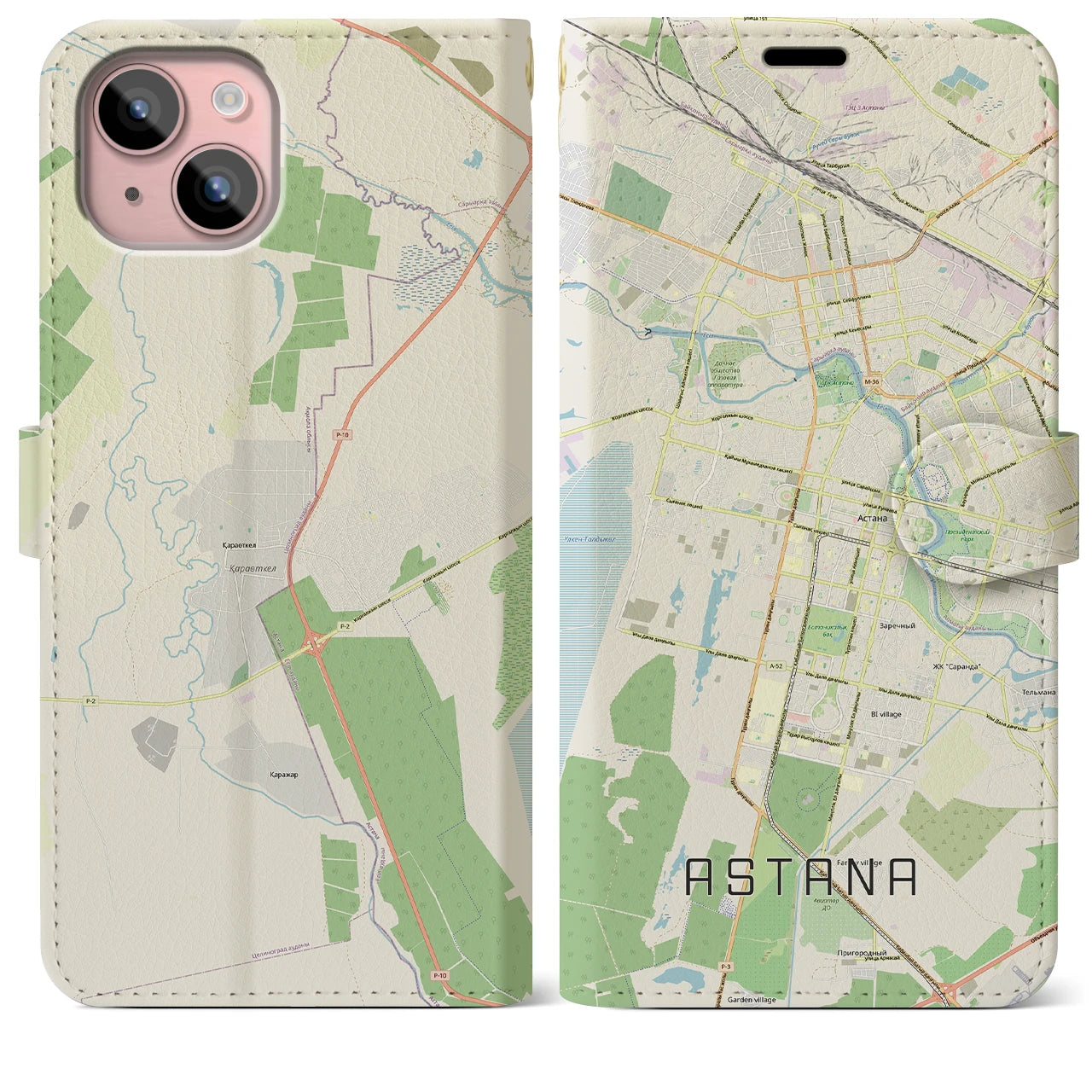 【アスタナ(カザフスタン)】地図柄iPhoneケース(手帳タイプ)ナチュラル・iPhone 15 Plus 用