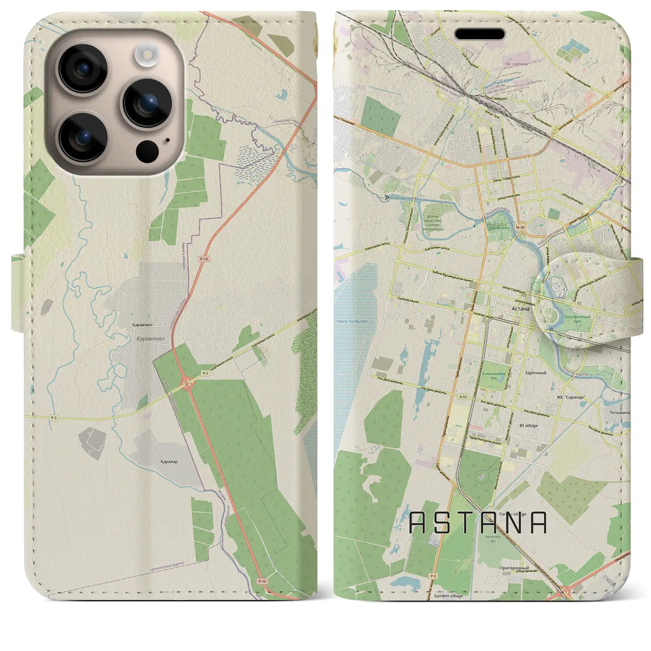 【アスタナ(カザフスタン)】地図柄iPhoneケース(手帳タイプ)ナチュラル・iPhone 16 Plus 用