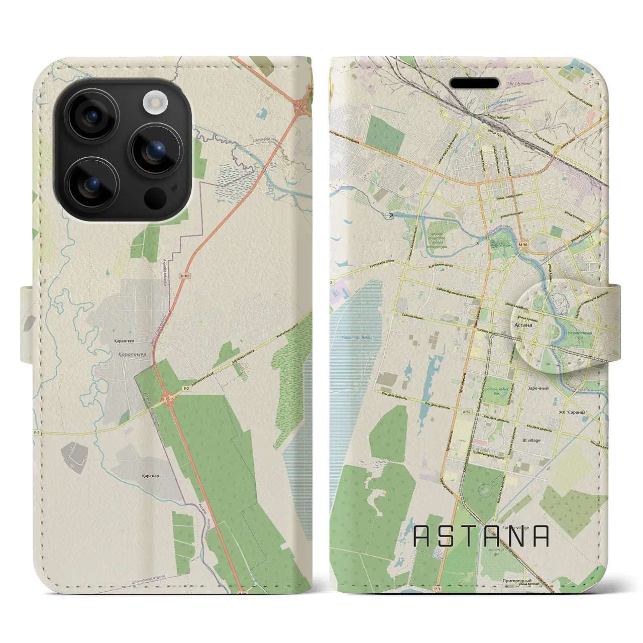 【アスタナ(カザフスタン)】地図柄iPhoneケース(手帳タイプ)ナチュラル・iPhone 16 用