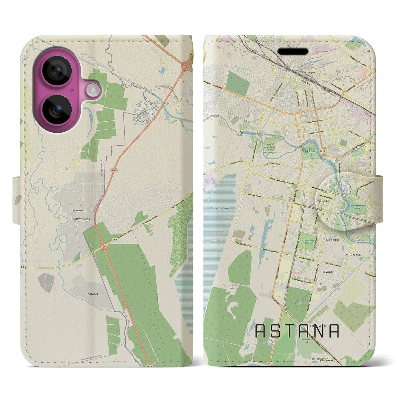 【アスタナ(カザフスタン)】地図柄iPhoneケース(手帳タイプ)ナチュラル・iPhone 16 Pro 用