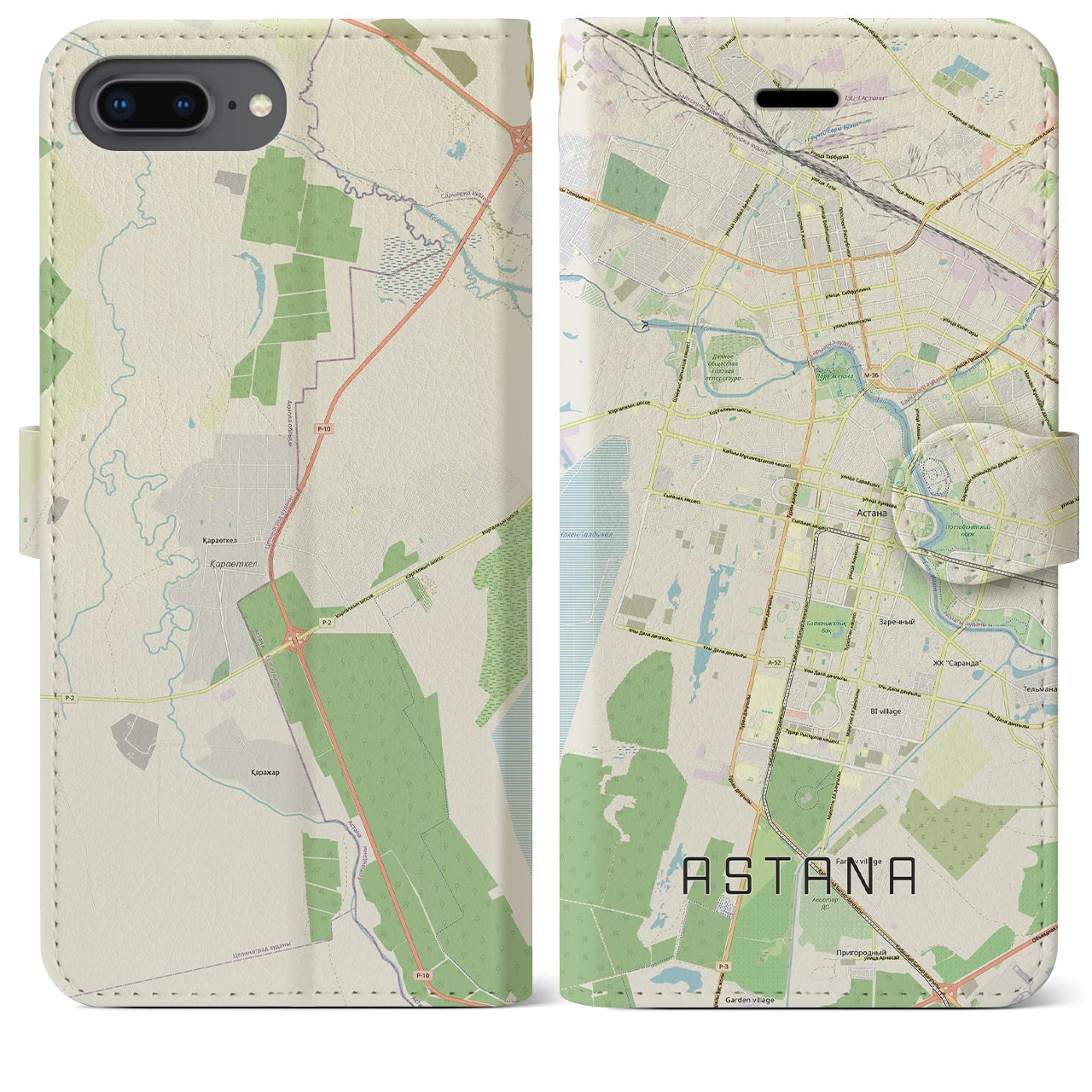 【アスタナ(カザフスタン)】地図柄iPhoneケース(手帳タイプ)ナチュラル・iPhone 8Plus /7Plus / 6sPlus / 6Plus 用