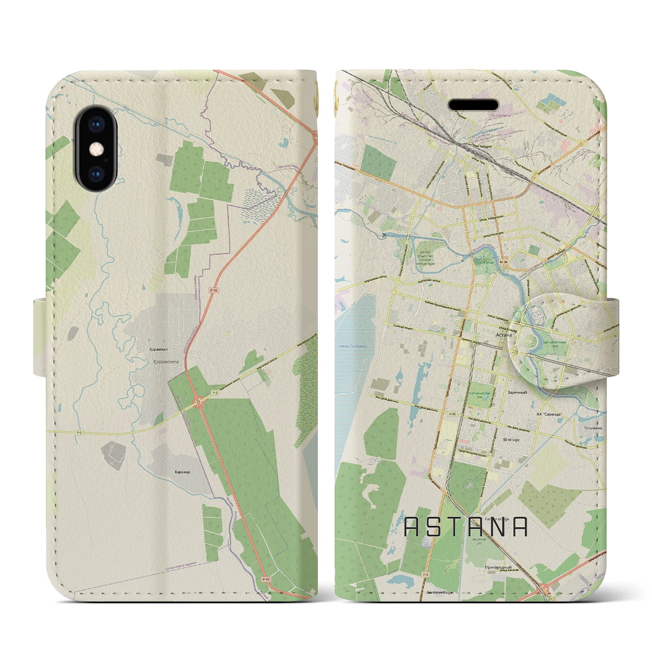 【アスタナ(カザフスタン)】地図柄iPhoneケース(手帳タイプ)ナチュラル・iPhone XS / X 用