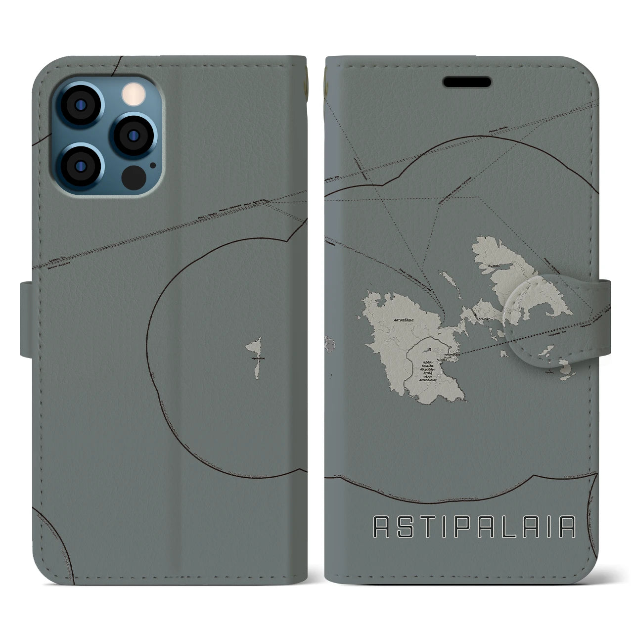 【アスティパレア(ギリシャ)】地図柄iPhoneケース(手帳タイプ)モノトーン・iPhone 12 / 12 Pro 用