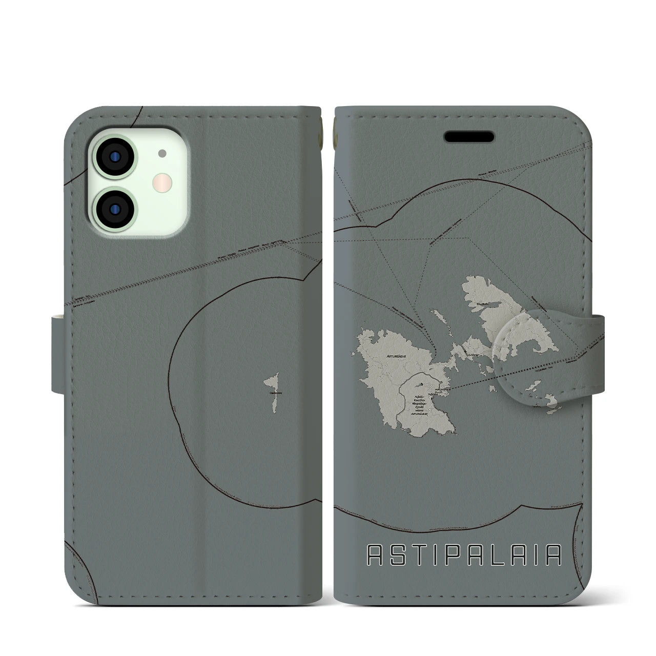 【アスティパレア(ギリシャ)】地図柄iPhoneケース(手帳タイプ)モノトーン・iPhone 12 mini 用