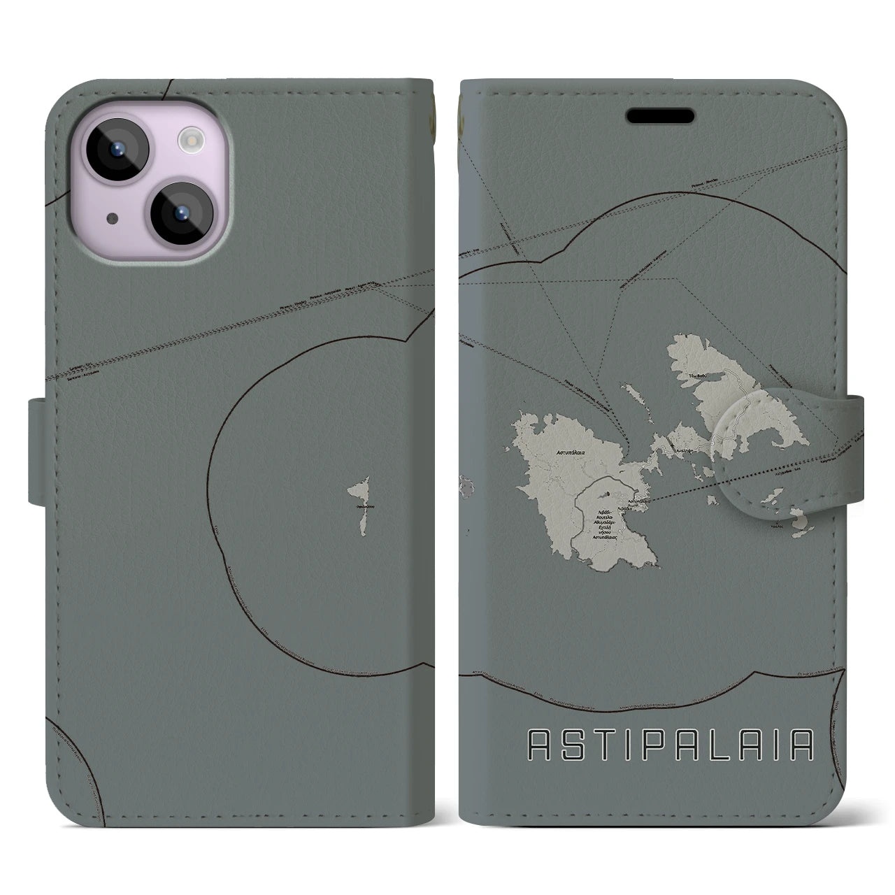 【アスティパレア(ギリシャ)】地図柄iPhoneケース(手帳タイプ)モノトーン・iPhone 14 用