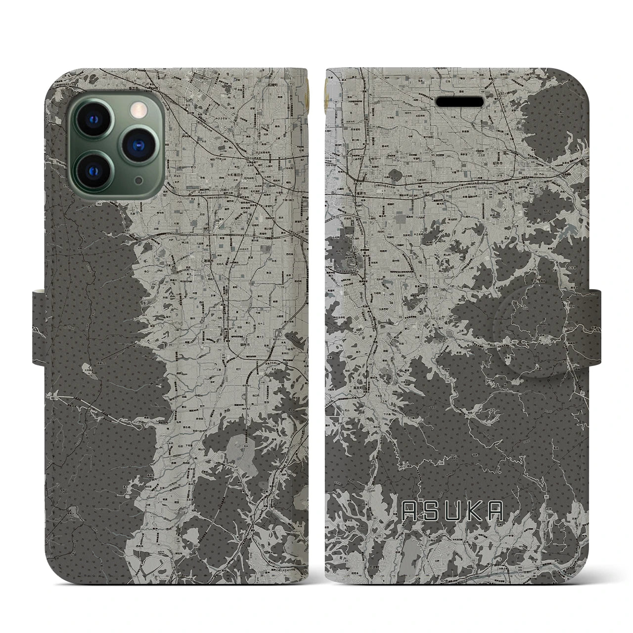 【明日香(奈良県)】地図柄iPhoneケース(手帳タイプ)モノトーン・iPhone 11 Pro 用