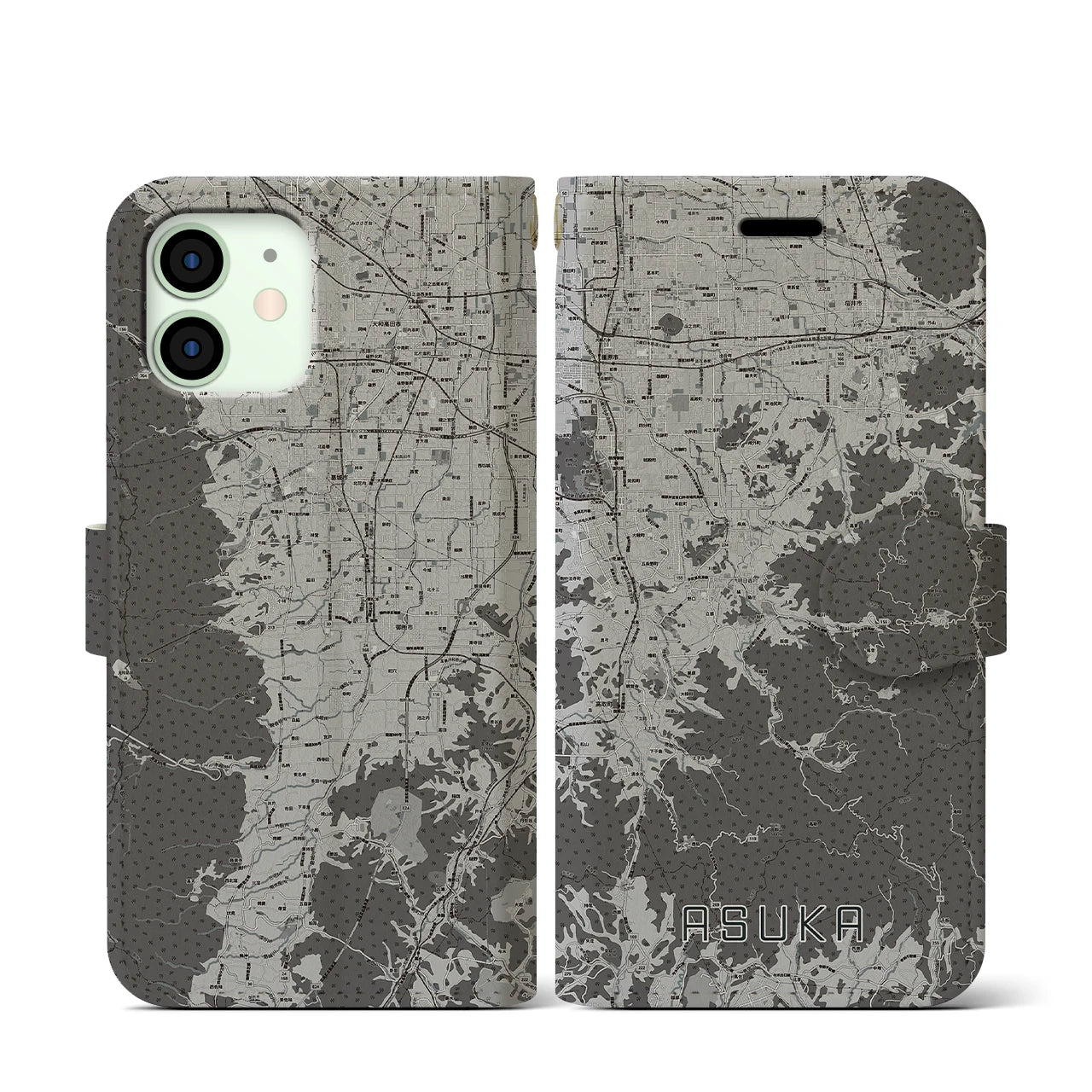 【明日香(奈良県)】地図柄iPhoneケース(手帳タイプ)モノトーン・iPhone 12 mini 用