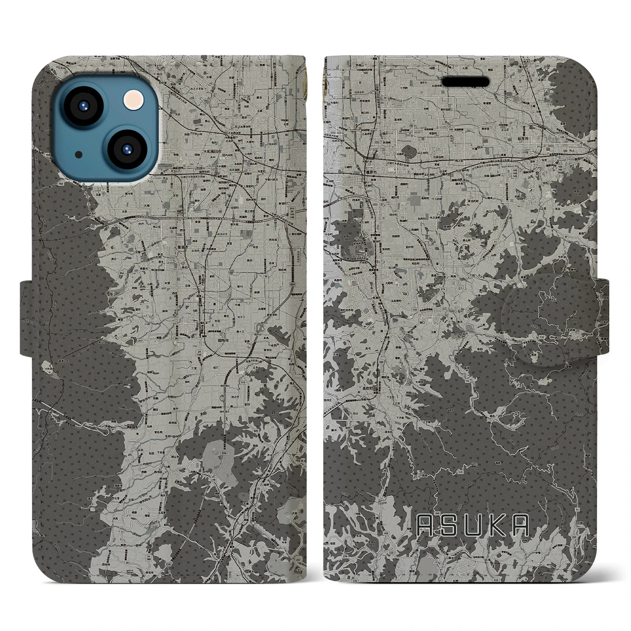 【明日香(奈良県)】地図柄iPhoneケース(手帳タイプ)モノトーン・iPhone 13 用