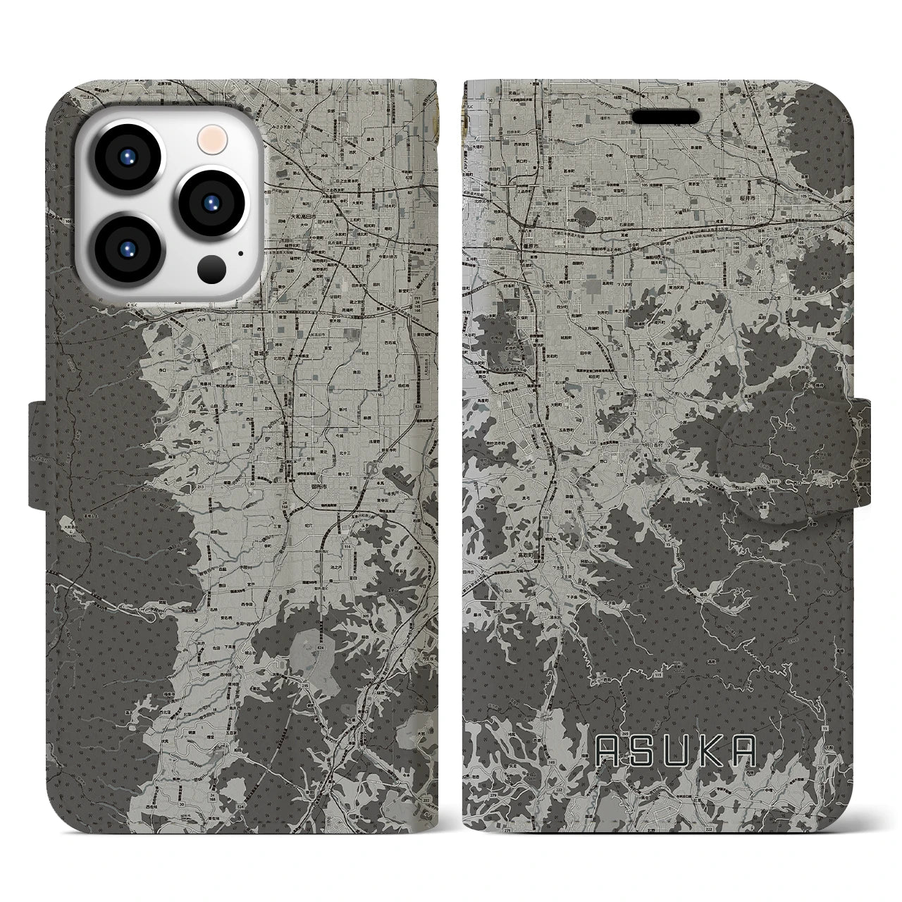 【明日香(奈良県)】地図柄iPhoneケース(手帳タイプ)モノトーン・iPhone 13 Pro 用