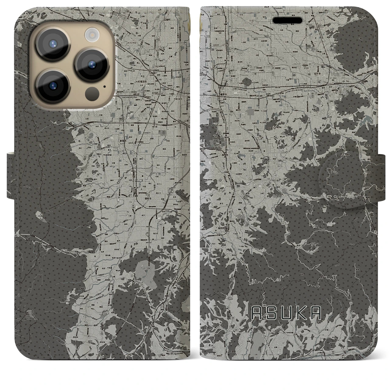 【明日香(奈良県)】地図柄iPhoneケース(手帳タイプ)モノトーン・iPhone 14 Pro Max 用