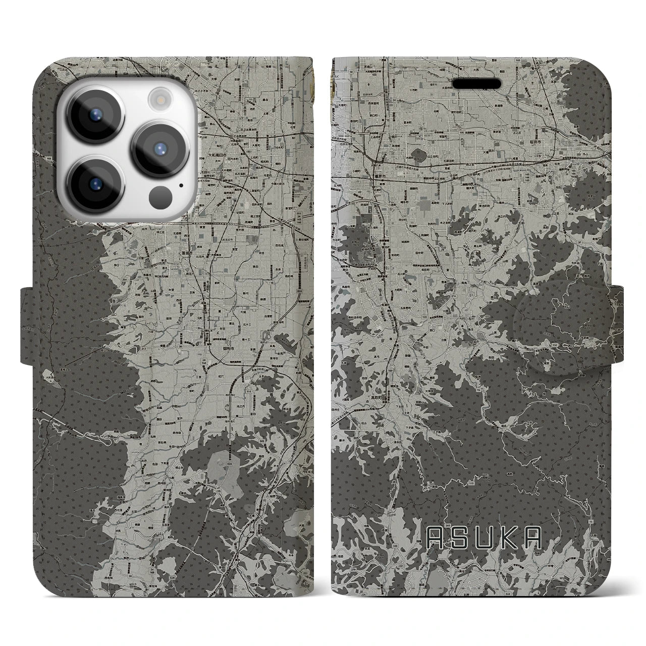 【明日香(奈良県)】地図柄iPhoneケース(手帳タイプ)モノトーン・iPhone 14 Pro 用