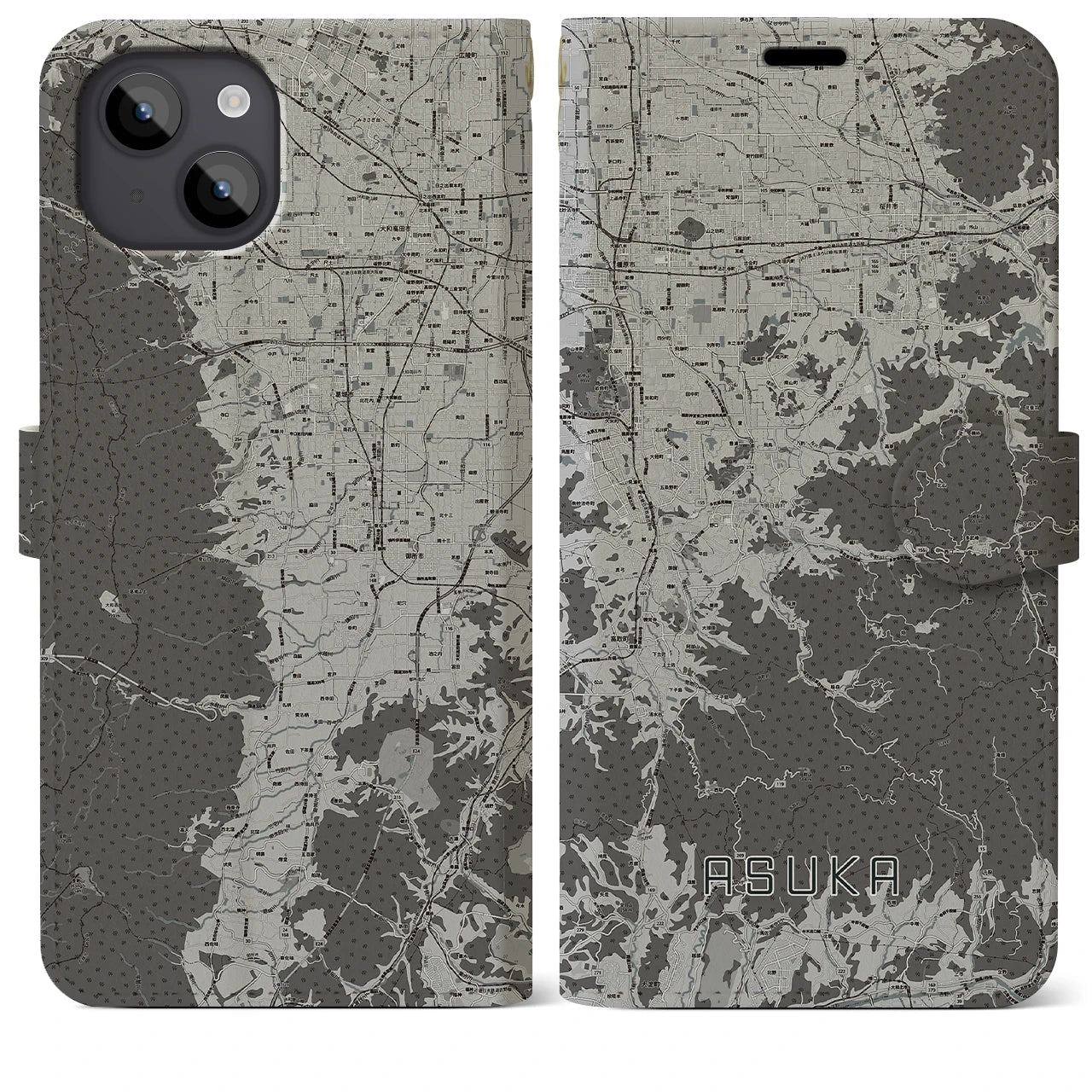 【明日香(奈良県)】地図柄iPhoneケース(手帳タイプ)モノトーン・iPhone 14 Plus 用