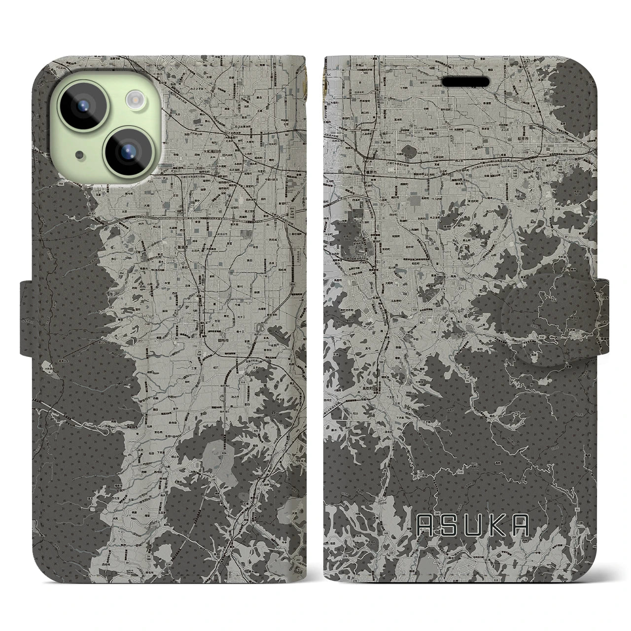 【明日香(奈良県)】地図柄iPhoneケース(手帳タイプ)モノトーン・iPhone 15 用