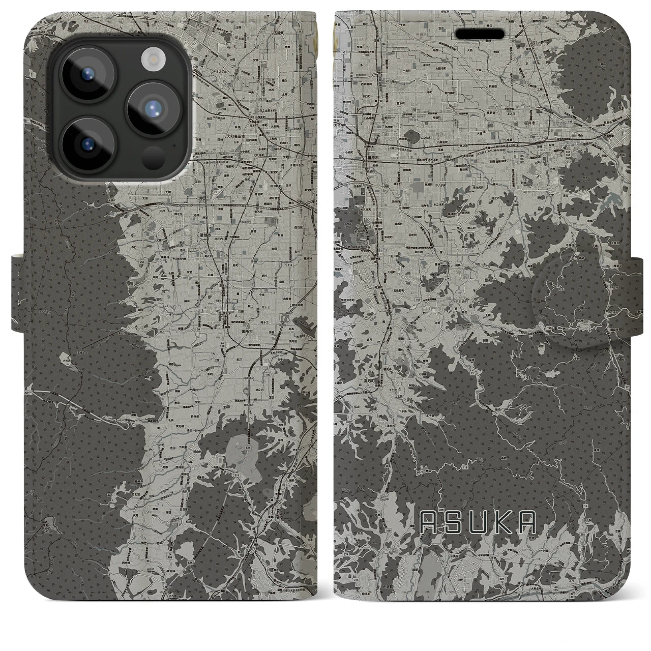 【明日香(奈良県)】地図柄iPhoneケース(手帳タイプ)モノトーン・iPhone 15 Pro Max 用