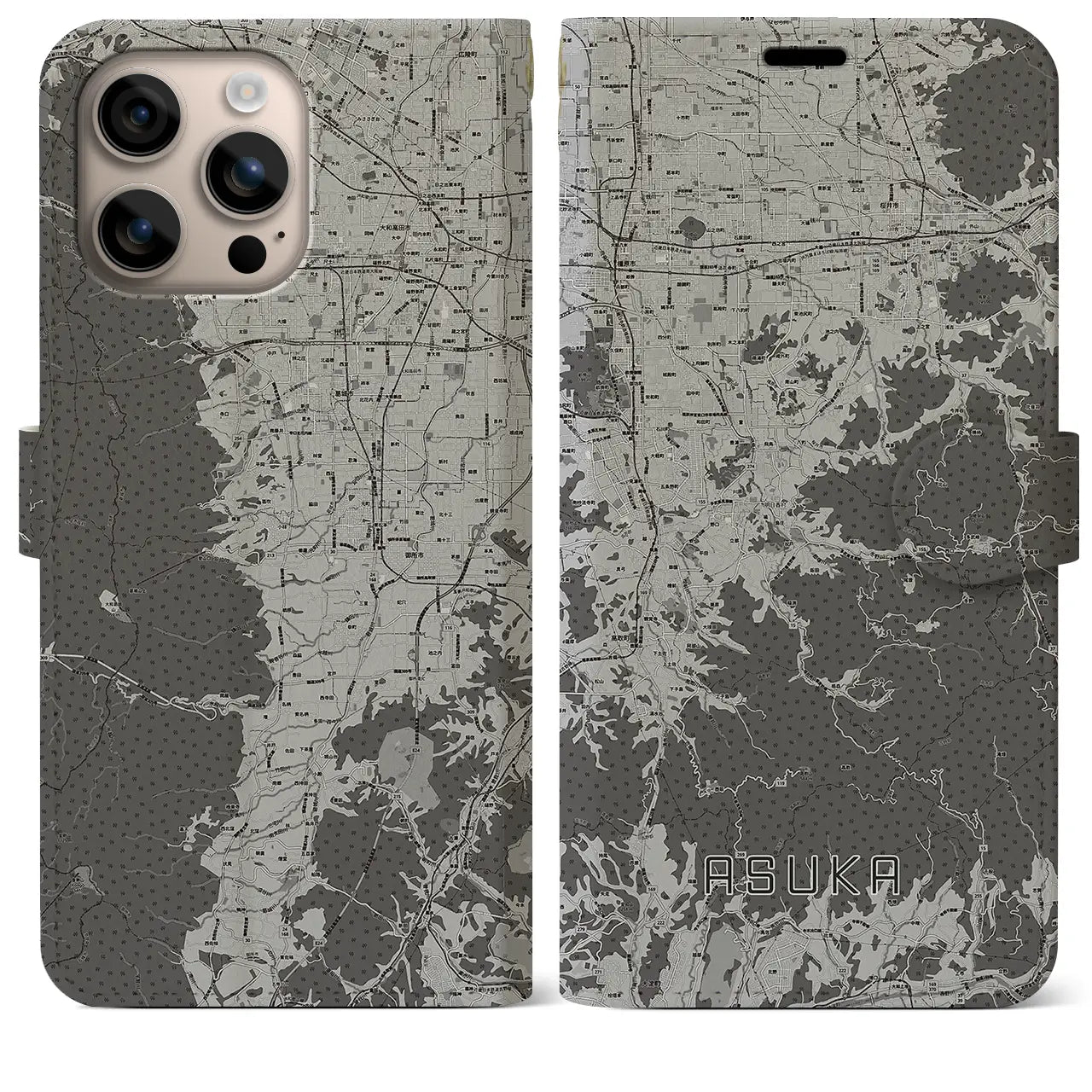 【明日香(奈良県)】地図柄iPhoneケース(手帳タイプ)モノトーン・iPhone 16 Plus 用