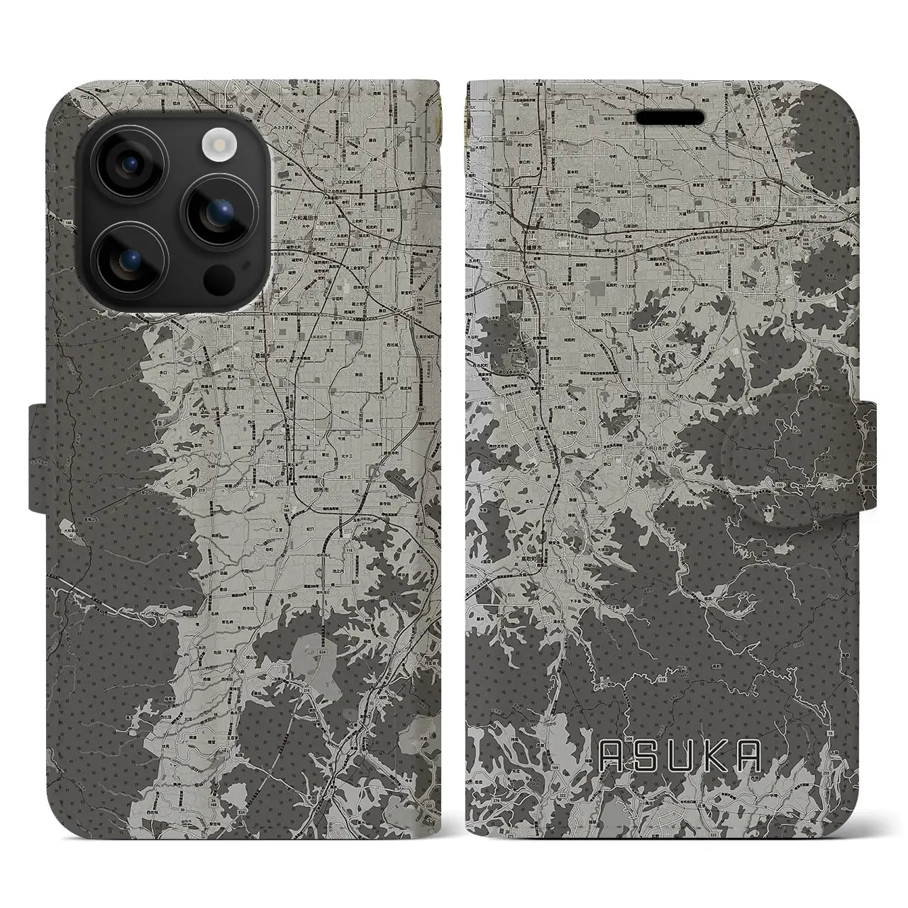 【明日香(奈良県)】地図柄iPhoneケース(手帳タイプ)モノトーン・iPhone 16 用