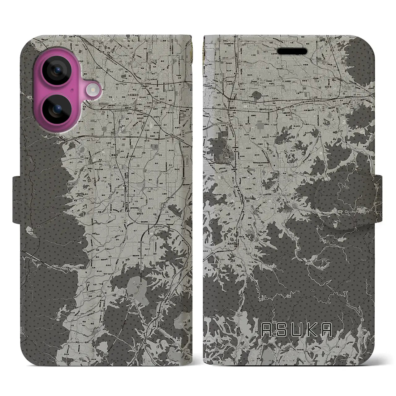 【明日香(奈良県)】地図柄iPhoneケース(手帳タイプ)モノトーン・iPhone 16 Pro 用