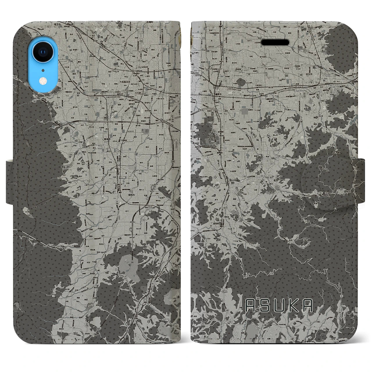 【明日香(奈良県)】地図柄iPhoneケース(手帳タイプ)モノトーン・iPhone XR 用