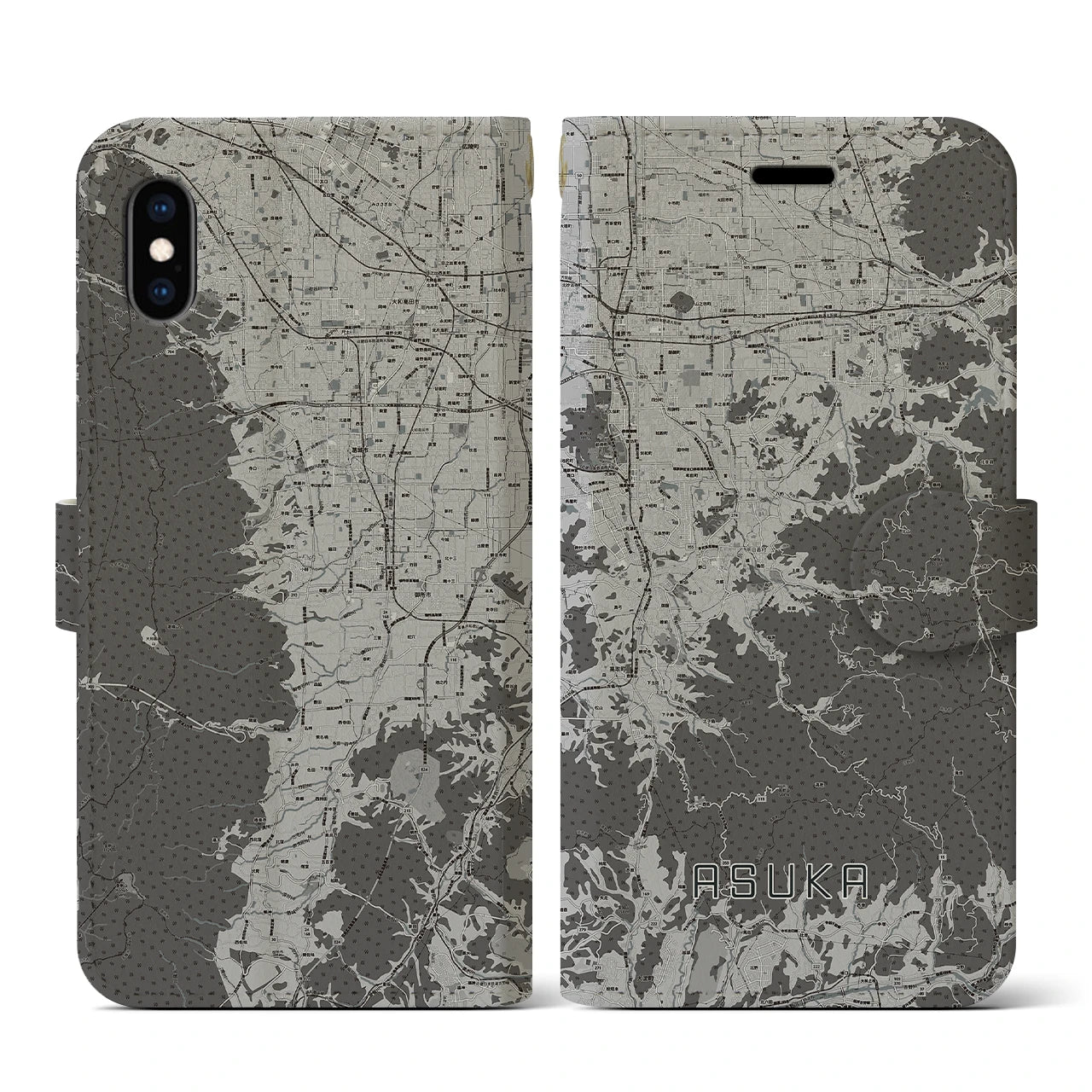 【明日香(奈良県)】地図柄iPhoneケース(手帳タイプ)モノトーン・iPhone XS / X 用