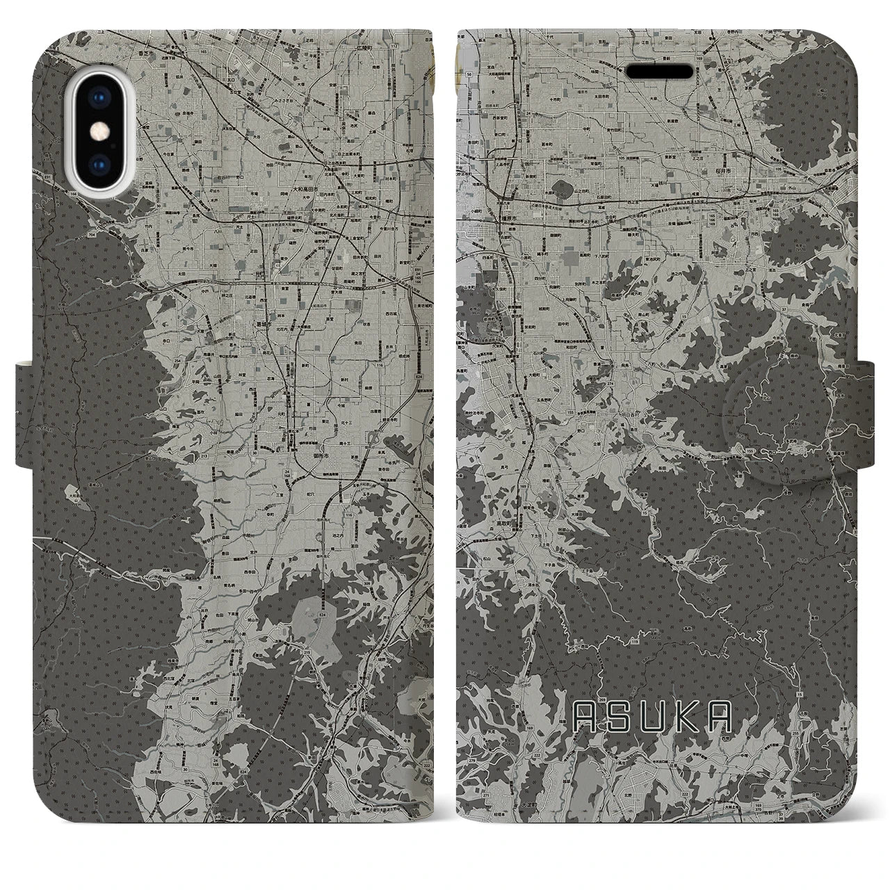 【明日香(奈良県)】地図柄iPhoneケース(手帳タイプ)モノトーン・iPhone XS Max 用