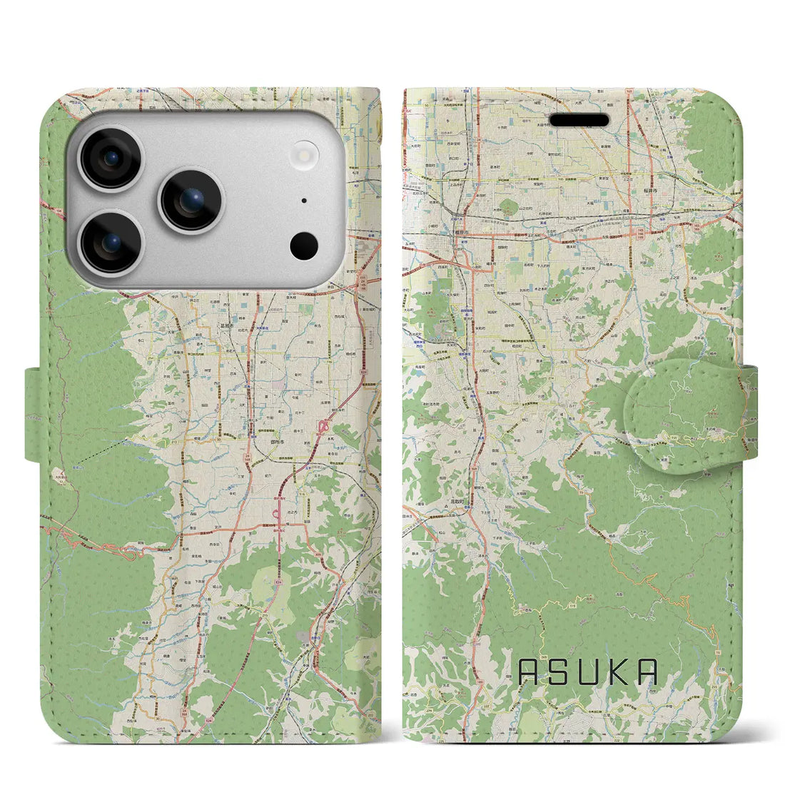 【明日香(奈良県)】地図柄iPhoneケース(手帳タイプ)モノトーン・iPhone 17 Pro Max 用