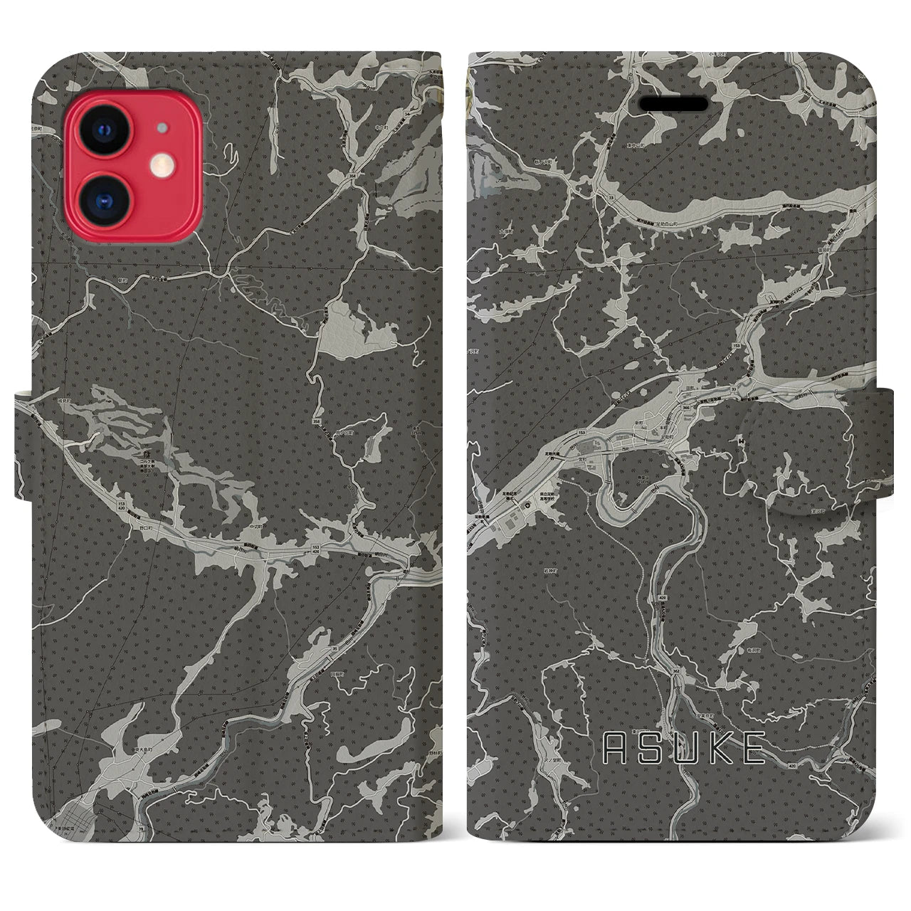 【足助(愛知県)】地図柄iPhoneケース(手帳タイプ)モノトーン・iPhone 11 用