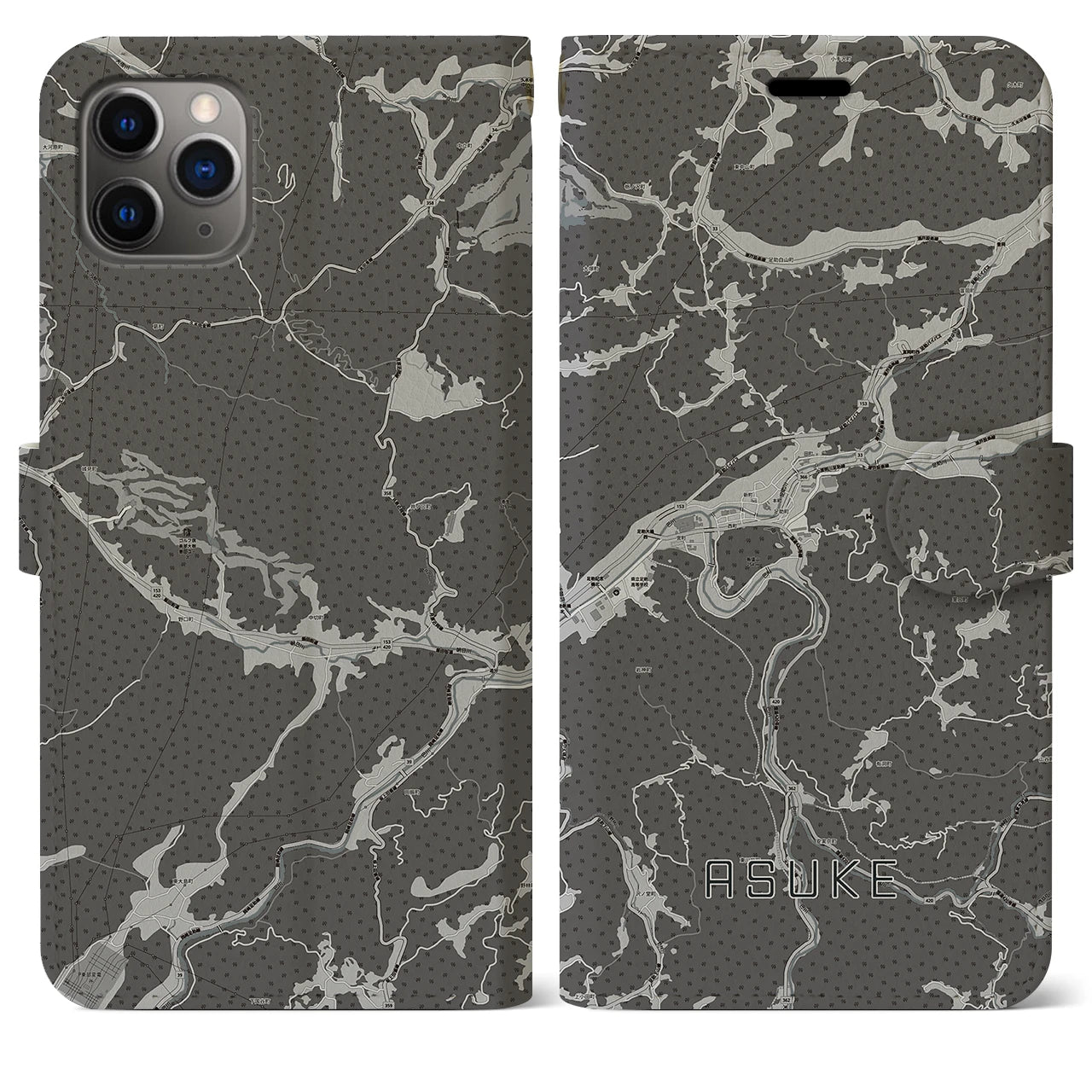 【足助(愛知県)】地図柄iPhoneケース(手帳タイプ)モノトーン・iPhone 11 Pro Max 用