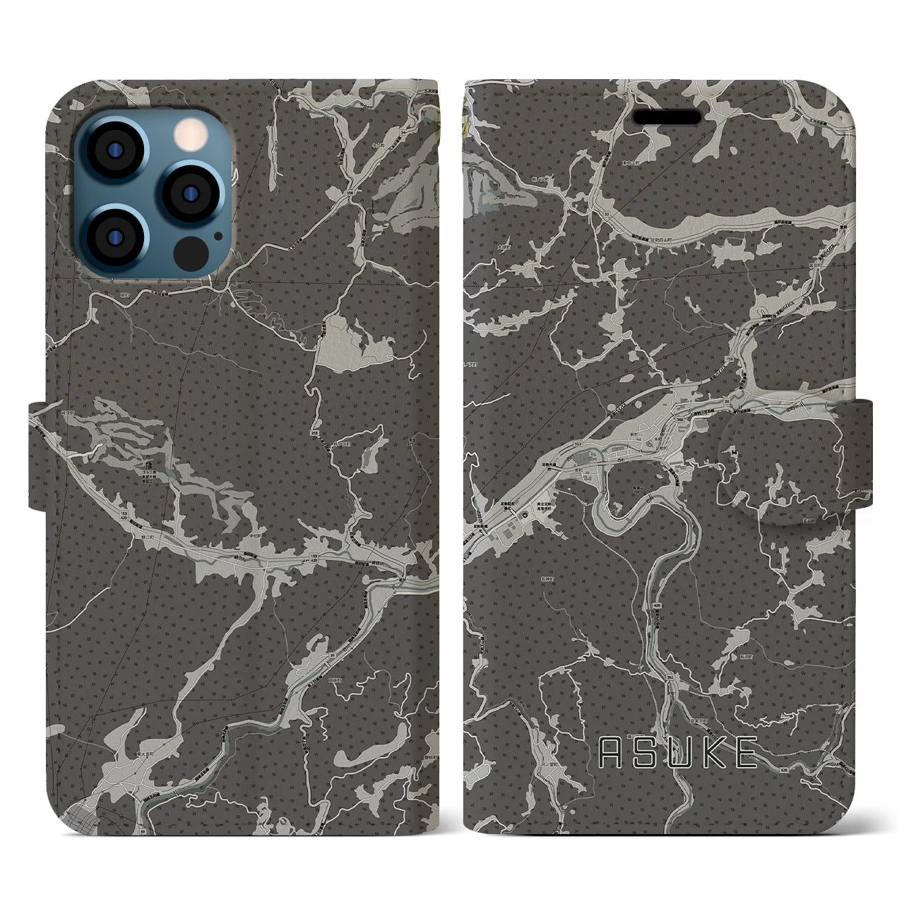 【足助(愛知県)】地図柄iPhoneケース(手帳タイプ)モノトーン・iPhone 12 / 12 Pro 用