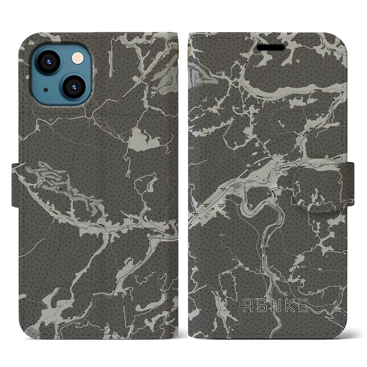 【足助(愛知県)】地図柄iPhoneケース(手帳タイプ)モノトーン・iPhone 13 用