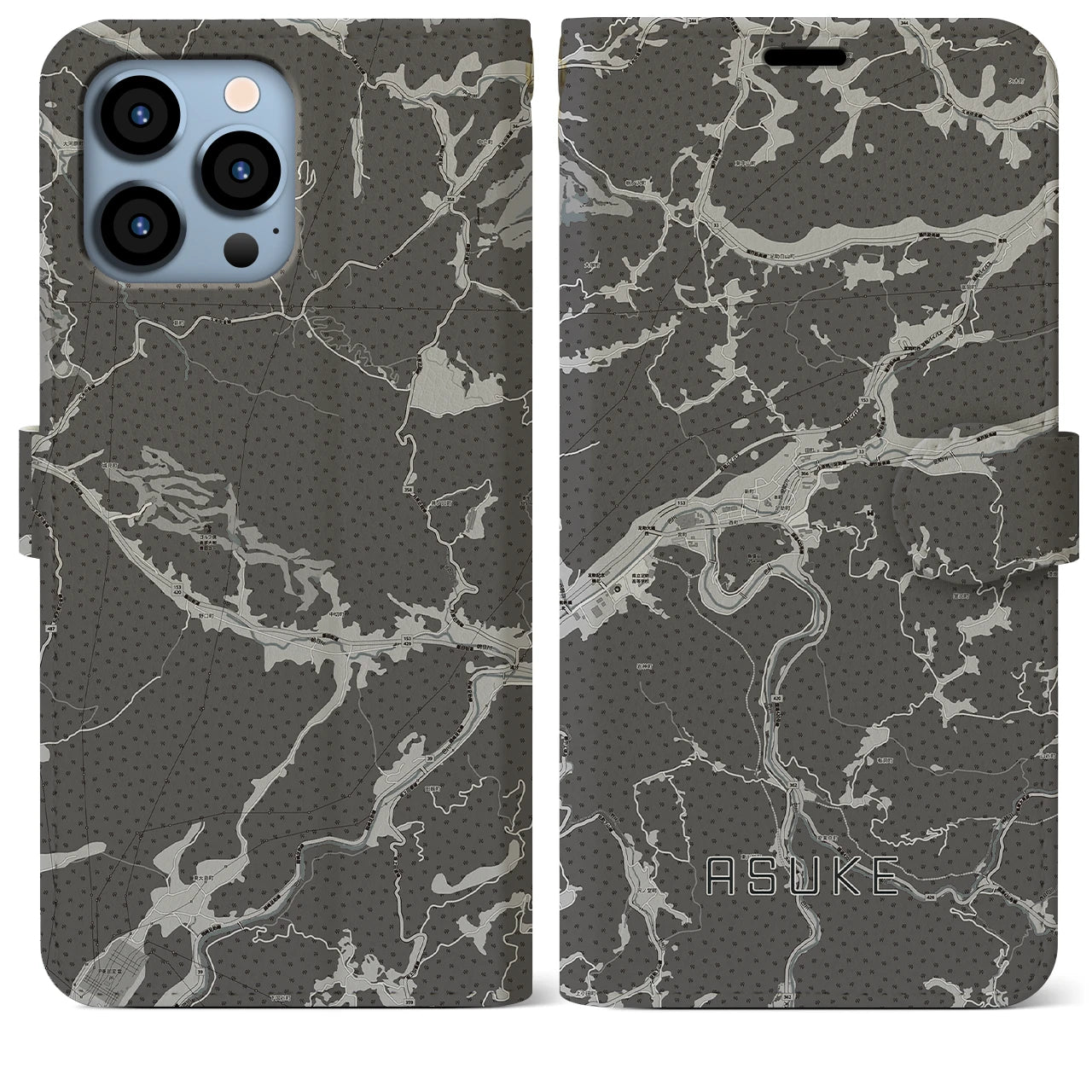 【足助(愛知県)】地図柄iPhoneケース(手帳タイプ)モノトーン・iPhone 13 Pro Max 用