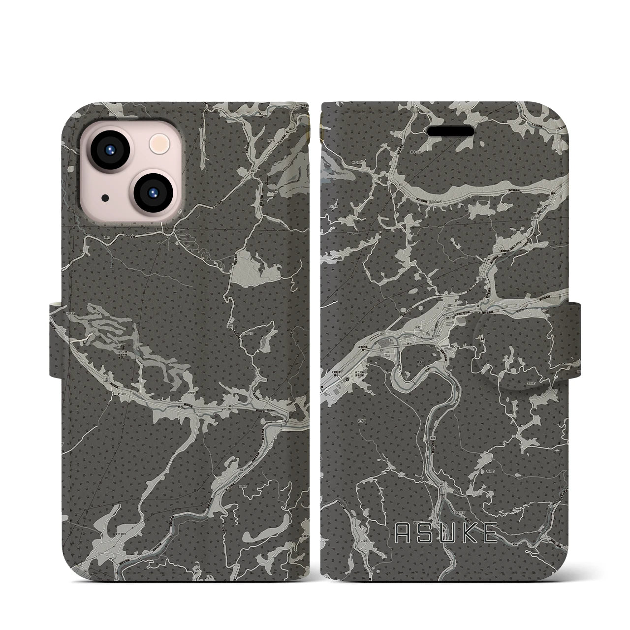 【足助(愛知県)】地図柄iPhoneケース(手帳タイプ)モノトーン・iPhone 13 mini 用